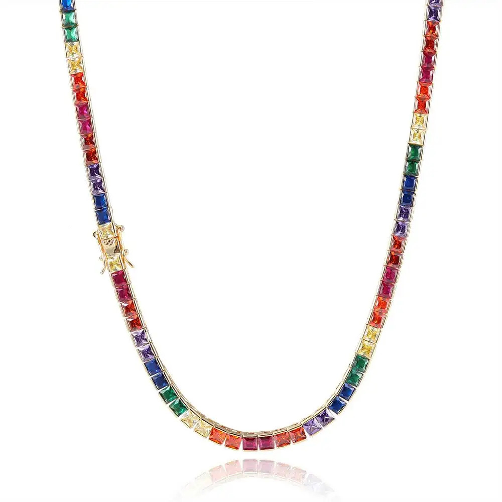 Iced Rainbow Colorful Tennis Necklace Silver Gold Plated Square Cubic Zirconia Tennis Chain Cuban Link Dainty Jewelry Gift250103