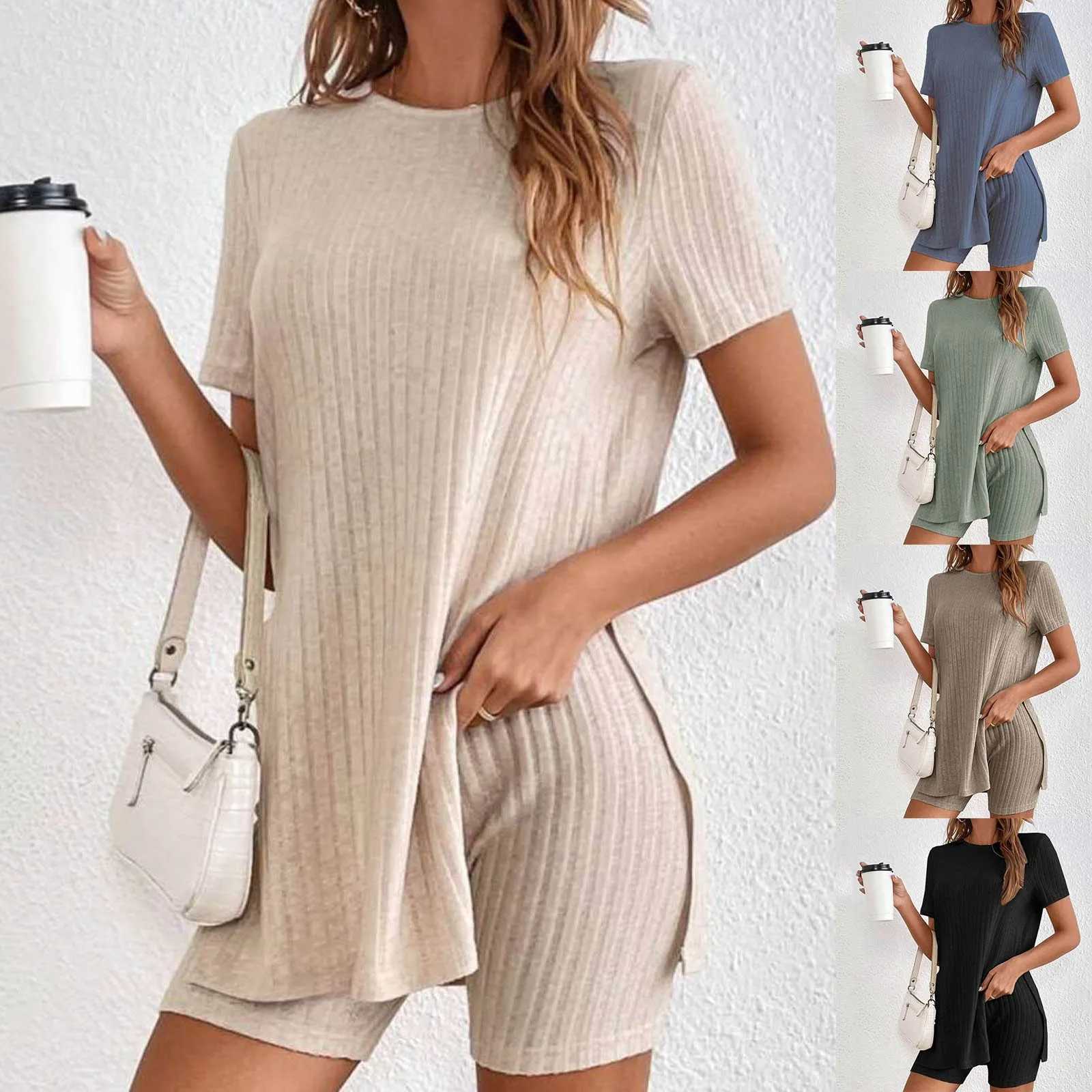 Summer Clothes Two Piece Set 2024 WomenS Vacantio Fashion Casual Suit Solid Color Summer Shorts And Tops New In Matching SetsXJ250106