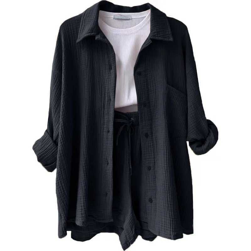 Summer Womens Short sleeved Set Womens Slin Set 2024 Two piece Set Fe Clothing Solid Button Collar SetXJ250414