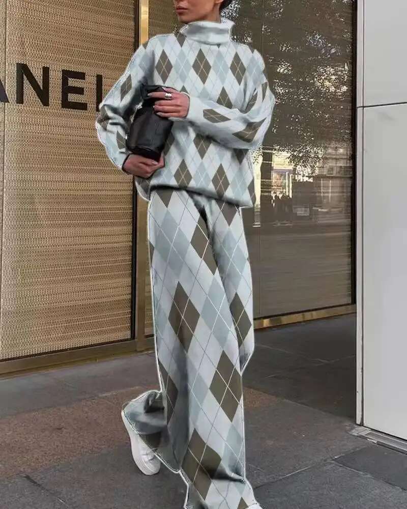 Autumn Winter New Fashion Printed Loose Turtleneck Trousers And Long Sleeve Two-Piece Women's Two Pieces Set