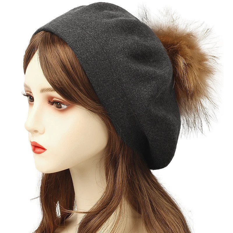 Women Autumn Winter Cashmere Berets Cap Female Knitted Thick Slouchy Skullies Beanies Ladies 15 cm Real Ball Pom Hat 250106