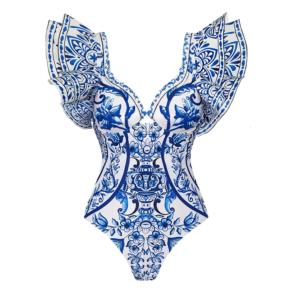 Printed Ruffle One Piece Swimsuit With Cover Up Sexy Swimwear Women Flat Belly Swim Suits Bathsuit Belt Bodysuit Beach Outing 250106