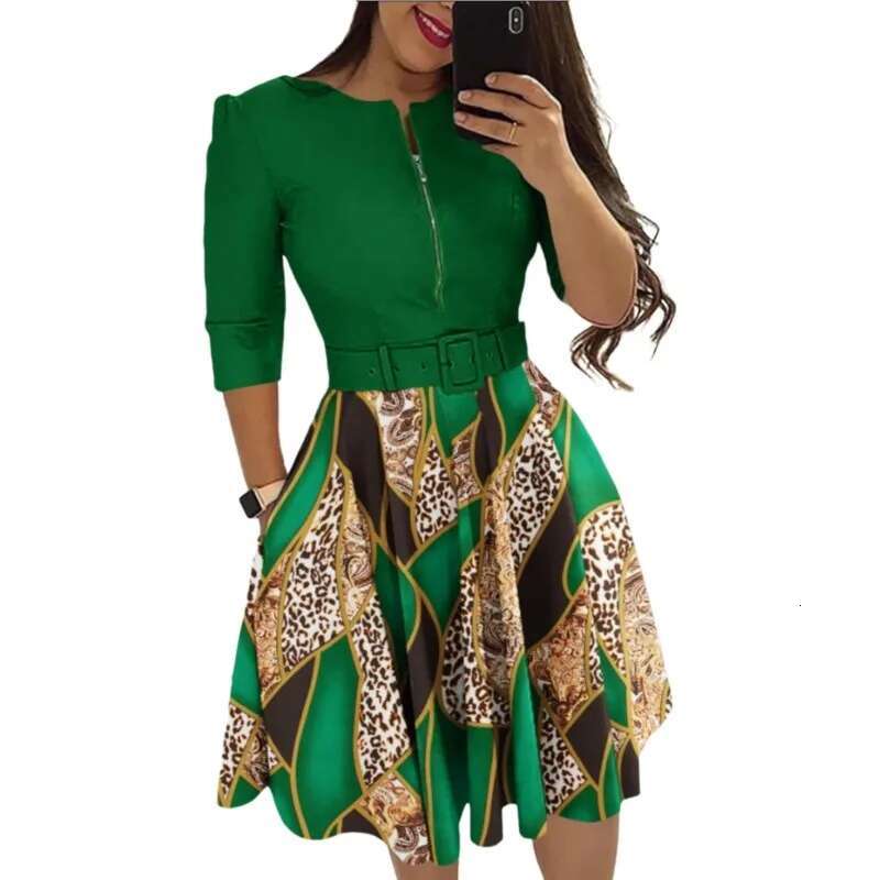 Autumn Elegant Print Slim Belt Party For Women 2023 Sexy V Neck Zipper Long Sleeve A E Dress Office Lady Dresses Femme
