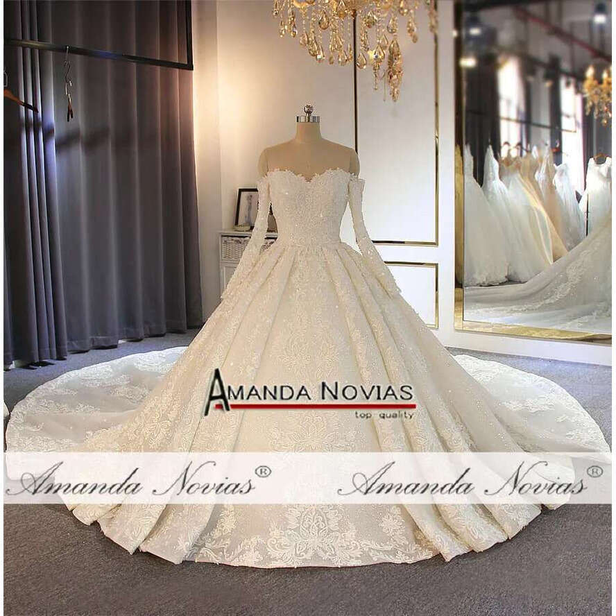 Off The Shoulder Long Sleeves Full Lace Beading Wedding Bridal Gown