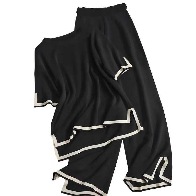 Women Two Piece Set Knit Sweater Suit Short Sve Round Neck Tops Loose Wide Leg Pants Solid Splice Midi Waist CasualXJ250106