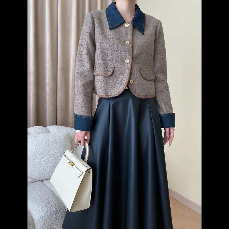 Denim Patchwork French POLO Collar Tweed Women Autumn Small Fragrance Plaid Casual Loose Khaki Fashion Chic Female Jacket