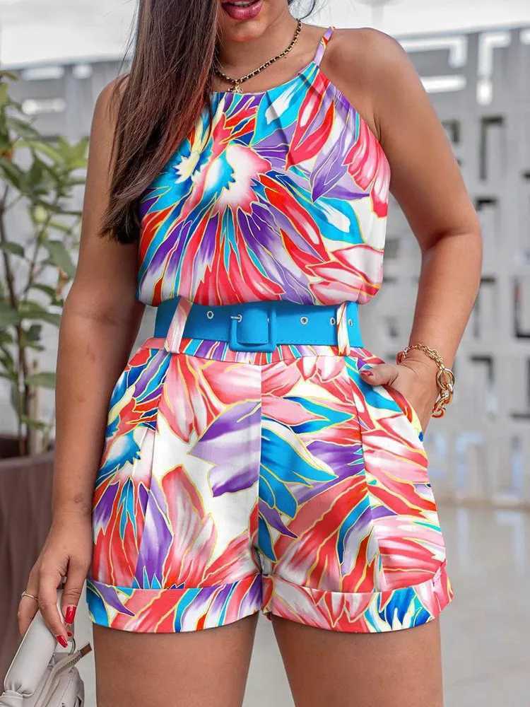 Boho Summer Casual Print Women Set Fashion Belt Two Piece Suit Sexy Halter Top And High Waist Shorts Pocket 2 Piece Sets FeXJ250106