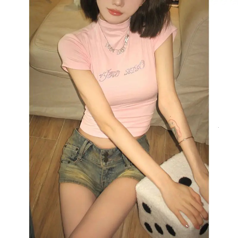 Summer Short Sleeve Womens Clothing Pullover Letter Geometric Round Neck Pullover T-shirt Fashion All-match Rhinestone Tops 250106