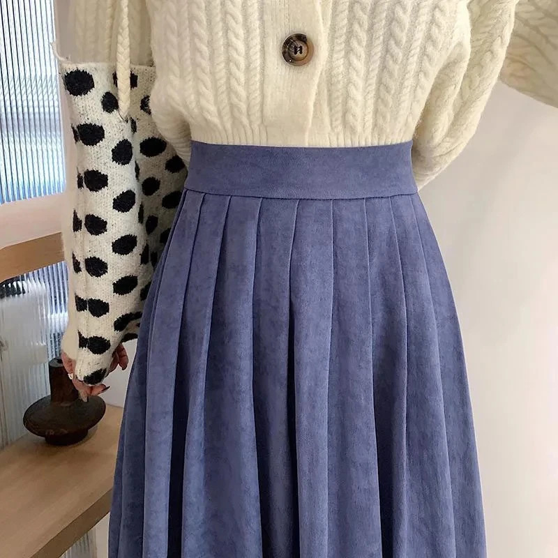 Biyaby Korean High Waist Long Skirt for Women College Style Corduroy Pleated Skirts Woman Autumn Streetwear Blue Midi 250106