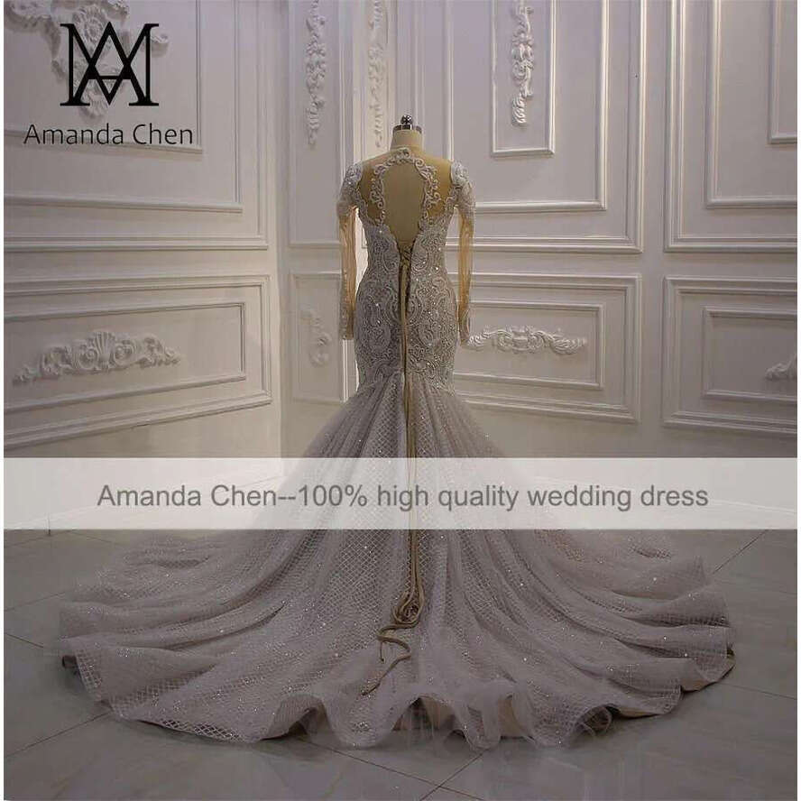 Amanda Novias Lace Appliques Glitter Champagne Wedding Dress Mermaid