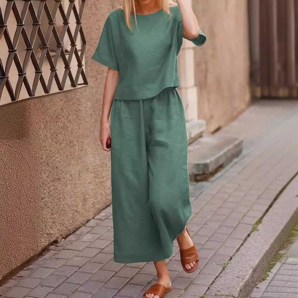 Womens Short Sve Shirt Top Wide Leg Pants Two Piece Set 2024 Fashion Summer Product Casual Hoodie Loose Solid Color LadiesXJ250106