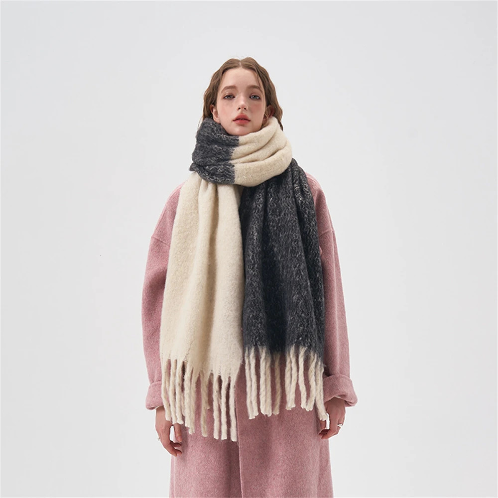 Winter Thickened Imitation Cashmere Scarf Long Color Blocking Soft Shawl Womens Pashmina Scarves Tassel Bufanda Echarpe 250106