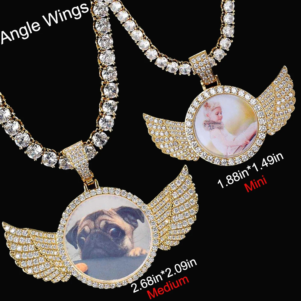 Drop Hip Hop Personalized Pendant Bling CZ Memorial Picture Necklace Po Custom Angel Free Engrave Wing Pendants 250107