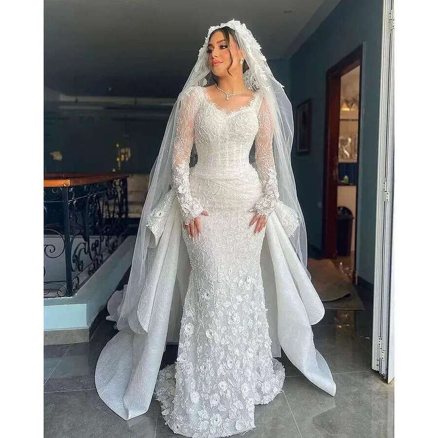 Middle East Long Sleeves Wedding Mermaid Dresses Detachable Train Longsleeve 3D-Ral Appliques Beaded Engagement Lace