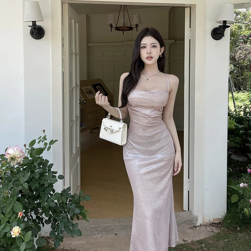 Sexy Solid Slip Suspenders Backless Dres 2024 Y2K Summer Elegant Slim Dress Strap Woman Evening Birthday Party 250103