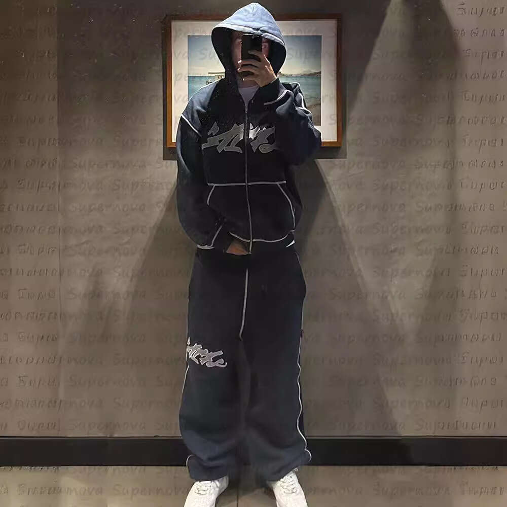 Hip hop new Gothic print hooded zipper hoodie casual men's loose suit