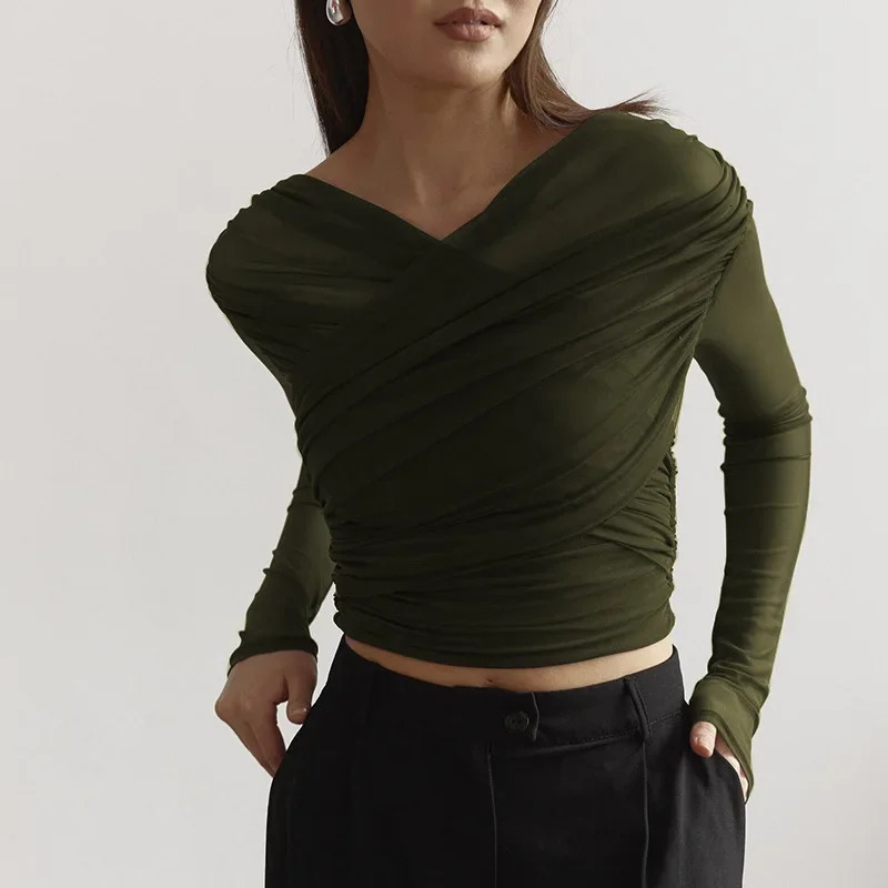2025 Spring Chic Cross Neck Crop Tops Women Casual Solid Color Mesh See Through Sexy Pleated Long Sleeve Elegant T-Shirt 250106