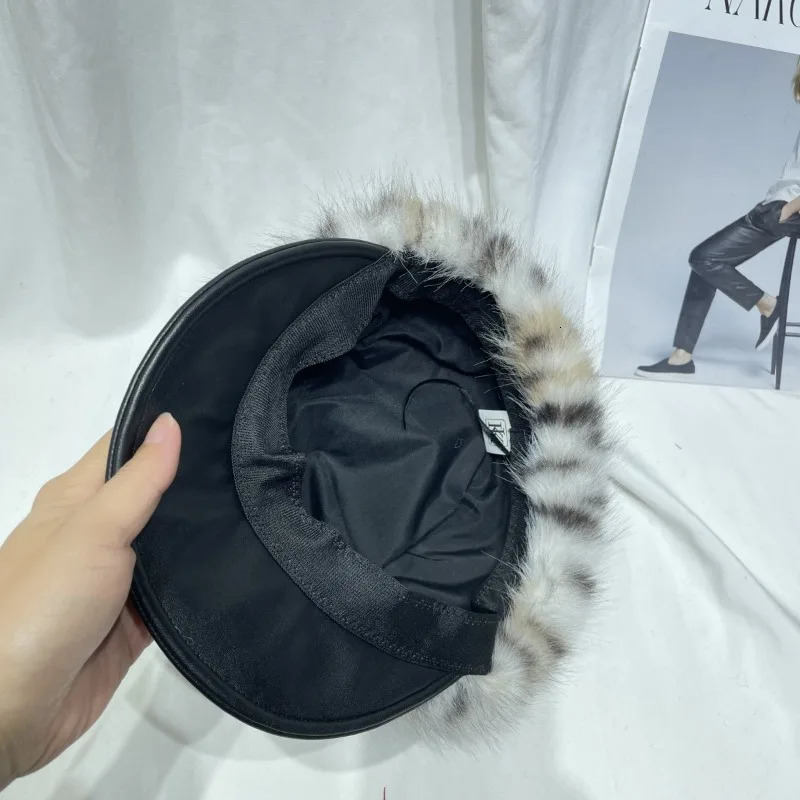 Fur Splicing Berets WOMen Korean Version Fashion British Leather Brim Painter Hat Autumn Winter 241218