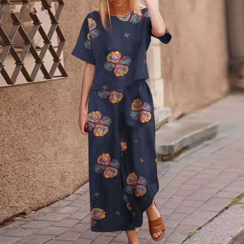 Summer Suit For Women Retro Printed Round Neck Cotton Linen Short-sved Casual Trousers Wide-leg Pants Two-piece SetXJ250106
