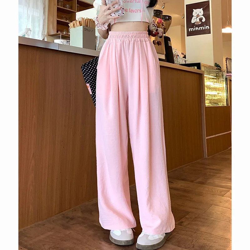 Summer Women Sweet Colorful Ice Silk Pants Lady Baggy Versatile Elastic Straight Leg Trousers Female Wide Leg High Waisted Pants 250106