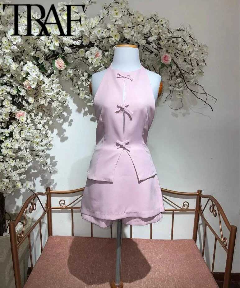 TR Pink Bow Hollow Out Women Halter Crop Top Shorts Suits Tr Summer Sveless Backless A Line Slim Tanks Y2K SetsXJ250106