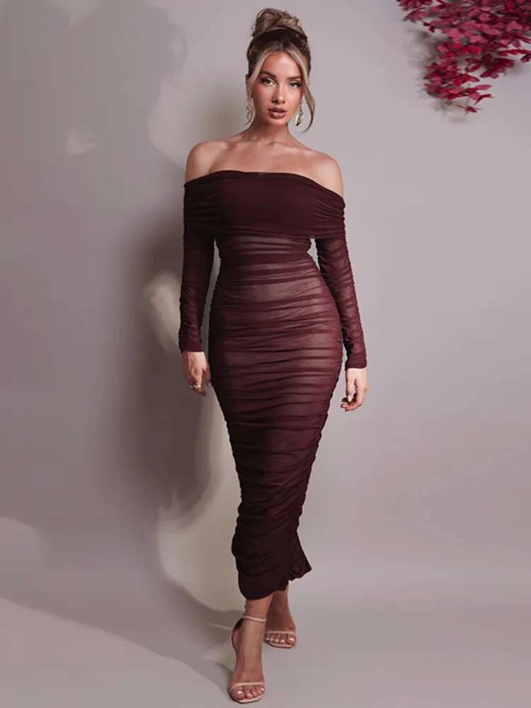 Mozision Off-Shoulder Sleeve Sexy Maxi For Women Autumn New Strapless Backless Bodycon Ruched Party Long Dress