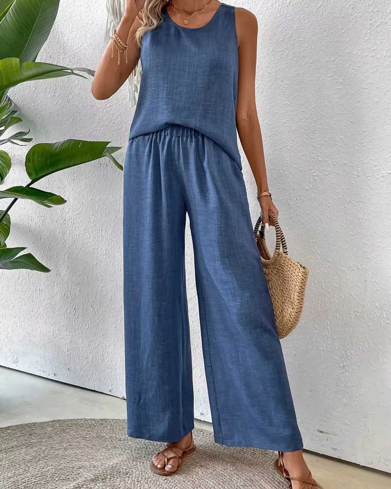 Cotton linen womens summer set fashionable sleeveless loose fitting shirt wide leg pants two-piece set womens casual setXJ250414