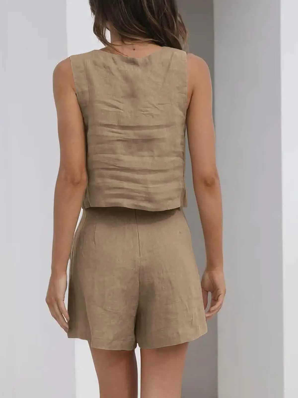 Casual Women Comnte Vacation Two Piece Suit Summer Solid Color Sveless Pocket Pants Set Ele Wide Leg Vest New OutfitsXJ250106