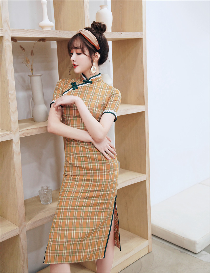 DC7115 Spring and summer new yellow checkered cotton and linen mid-length cheongsam daily fashion slim girl cheongsam dress