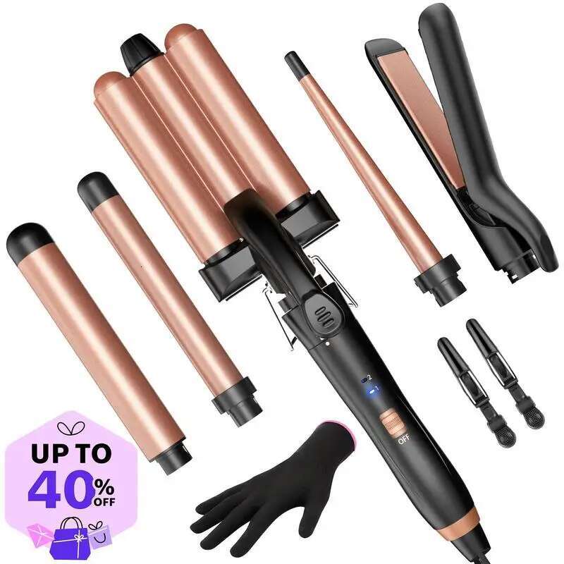 BESTOPE PRO 5 in 1 Iron-Curg Wand Set with Hair Straightener, 3 Ceramic Curg Irons