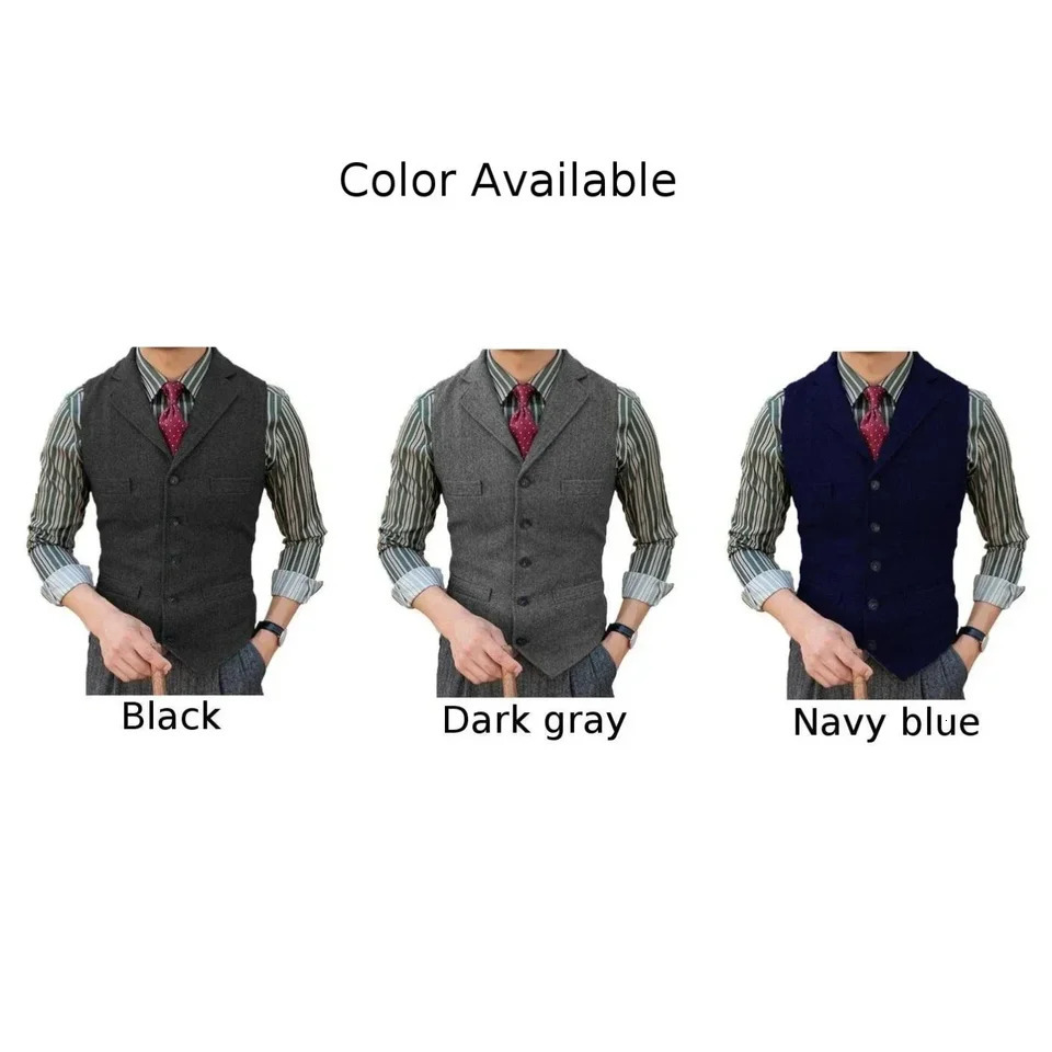 Mens Suit Vest in Vintage Herringbone Tweed Retro Style Waistcoat with Notch Lapel for Weddings or Formal Events 250107