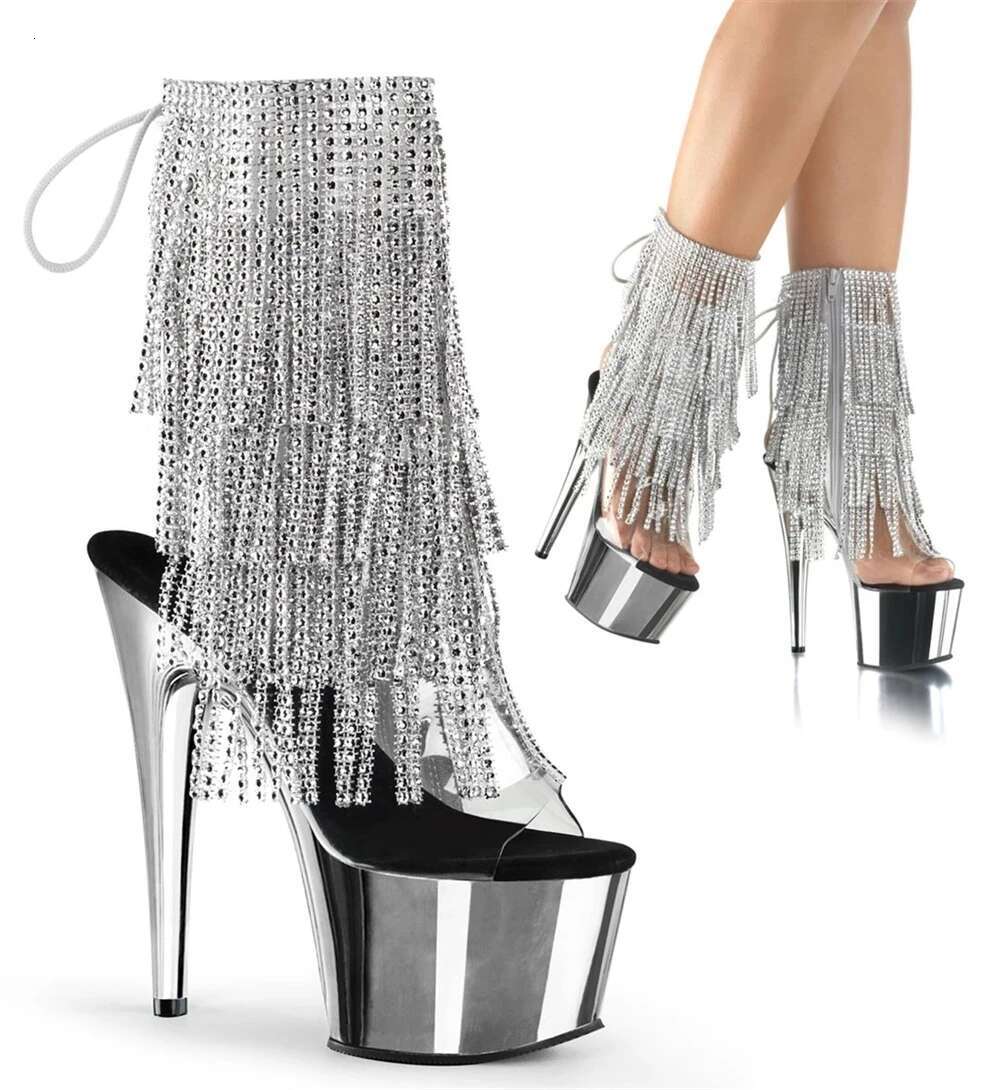 Brand Electroplated Tassels Pumps 17Cm Thin High Heels Ankle Boots Pole Dance Nightclub Model Catwalk Platform Women's Shoes
