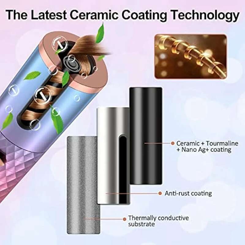 Automatic Iron, Cordless Hair Curler Portable Rotating Curg Wave Wand Styg Tool Auto Shut OfBS