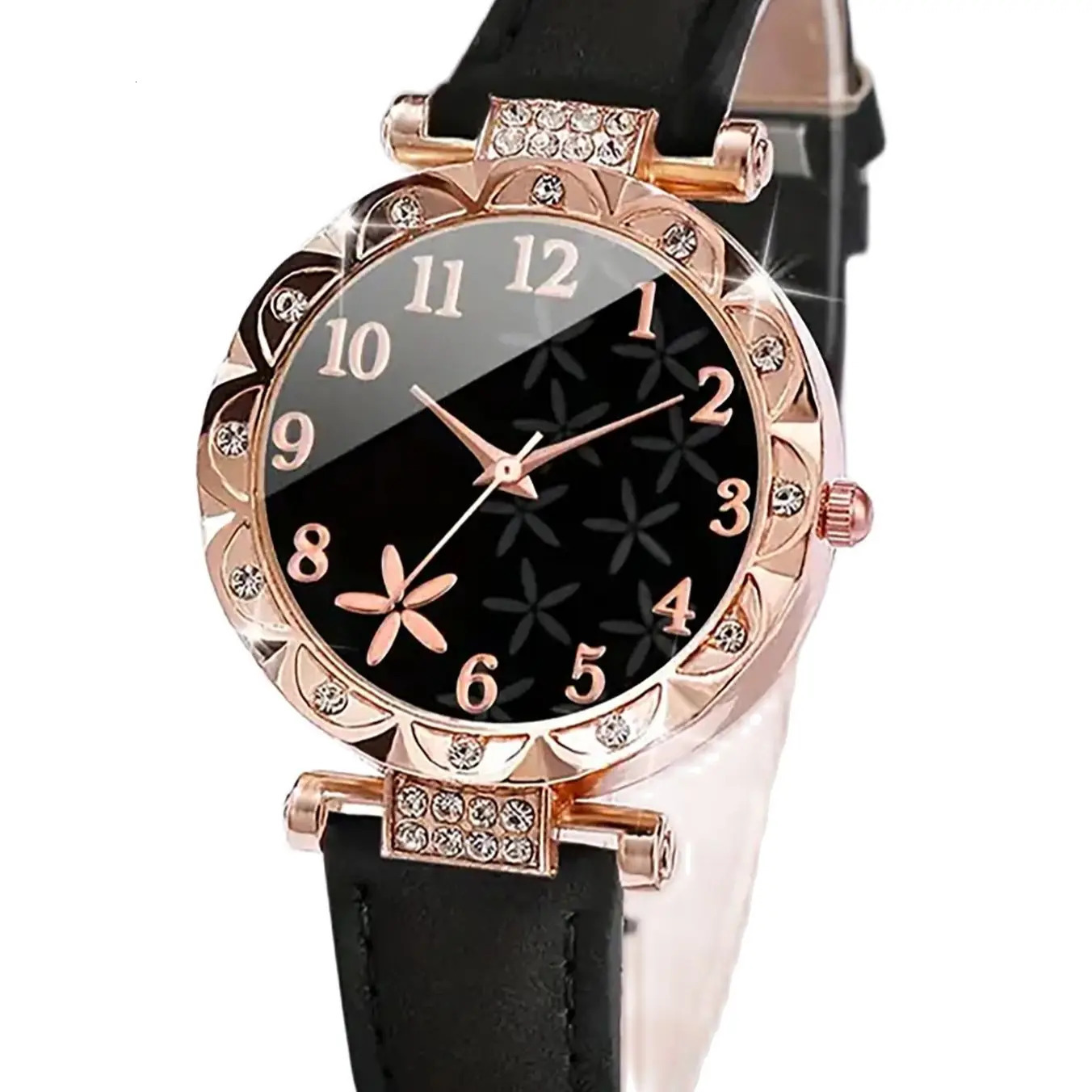 6PCS elegant black leaf plant print ladies quartz watch with feather Love bracelet set selected gift 241228