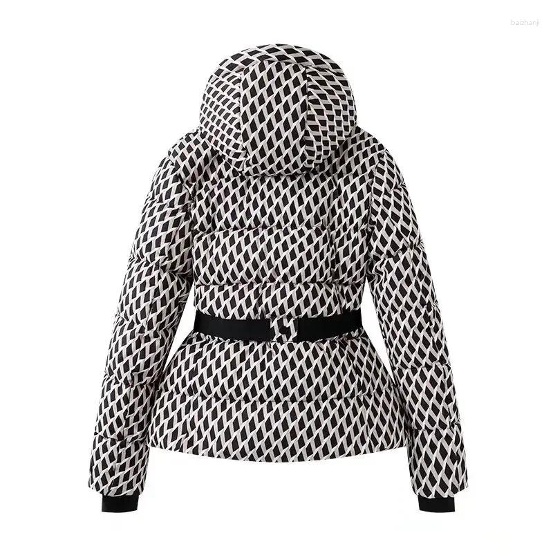 Women's Jackets Fashion Hooded Padded Coat With Belt Women Slim Standing Collar Full Sleeve Pocket Winter Ladies Windproof Warm Ski Jacket