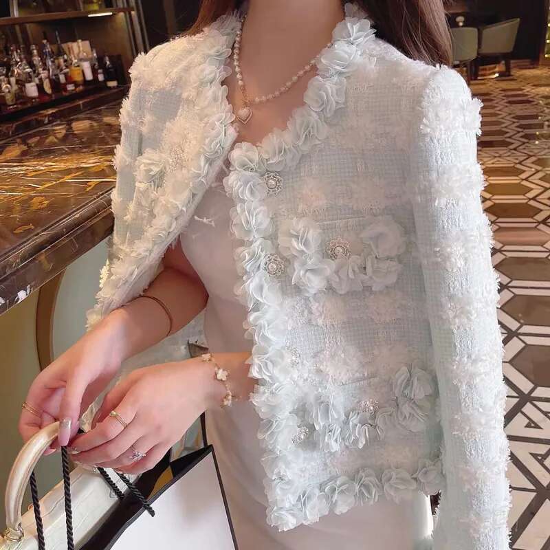 2024 Autumn New Small Fragrant 3D Wers Tweed Jackets For Women French Fashion Woolen Coat Elegant Outerwears Chaquetas