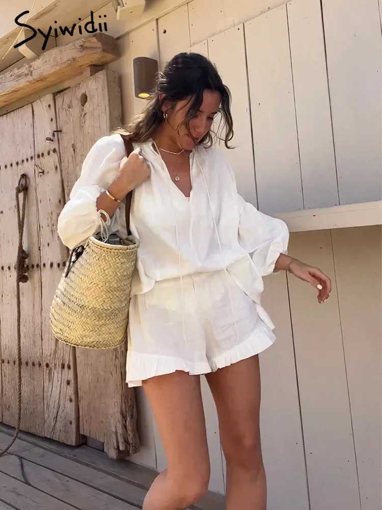 2 Piece Sets Womens Outfits Fashion Summer Cotton Linen Loose Ruffle Shorts Suits Long Sve Drstring Pullover Beach SuitsXJ250106