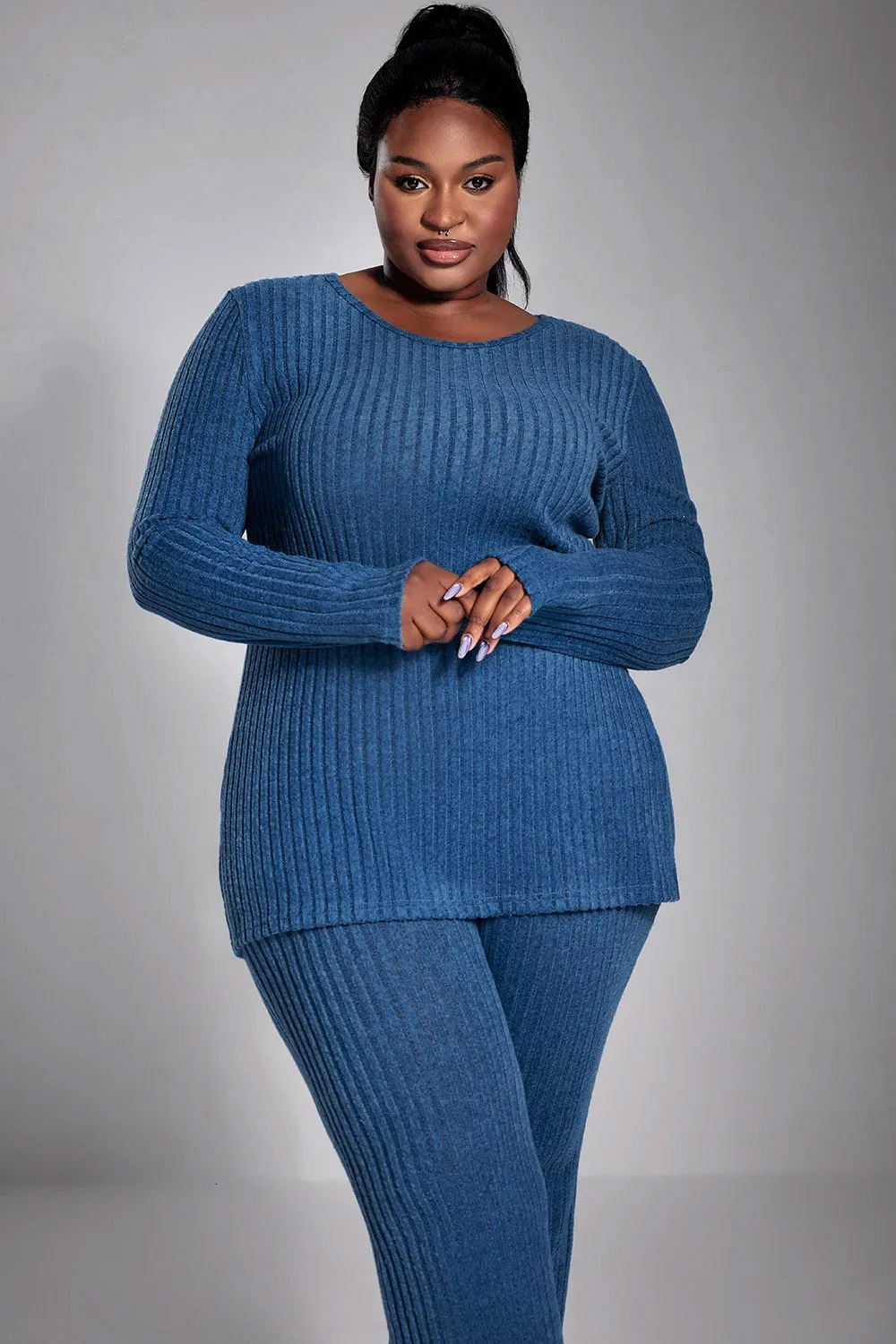 Plus Size Fall Winter Casual Pant Set Royal Blue Solid Color Slim Fit Knitted Round Neck Top Two Piece 250106