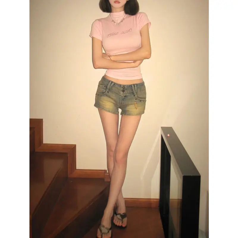 Summer Short Sleeve Womens Clothing Pullover Letter Geometric Round Neck Pullover T-shirt Fashion All-match Rhinestone Tops 250106