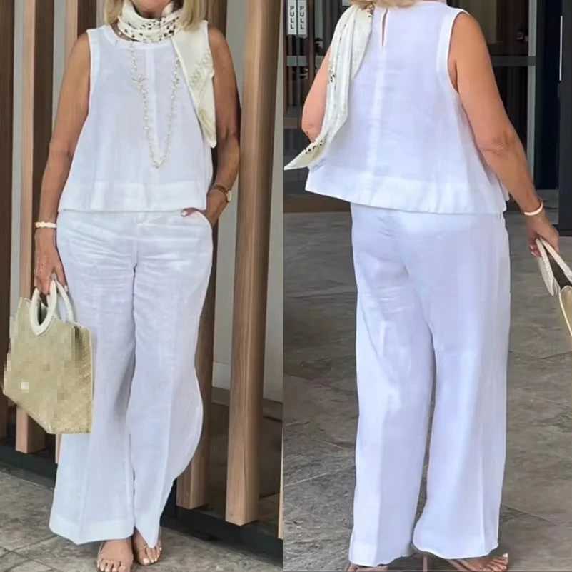 Solid Color Cotton Linen Two Piece Set Womens Suits Sveless Loose Top Wide Leg Pants Women Everyday Comfort Fashion OutfitsXJ250106