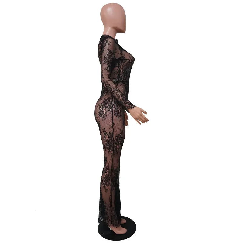 DRC Long Sleeve One Pieces Wide Leg Jumpsuit Women Summer Clothes Fashion Black Lace Perspective Sexy Night Club Outfits 250103