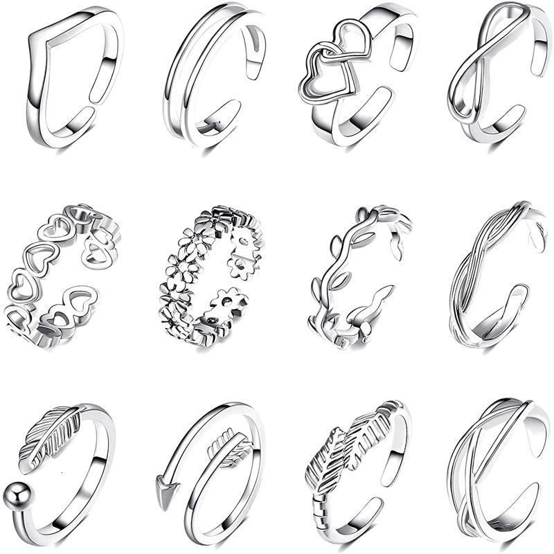 12PCS Beach Foot Jewelry Adjustable Toe Rings for Women Flower Band Open Tail Ring Women Set Gold Color 250107