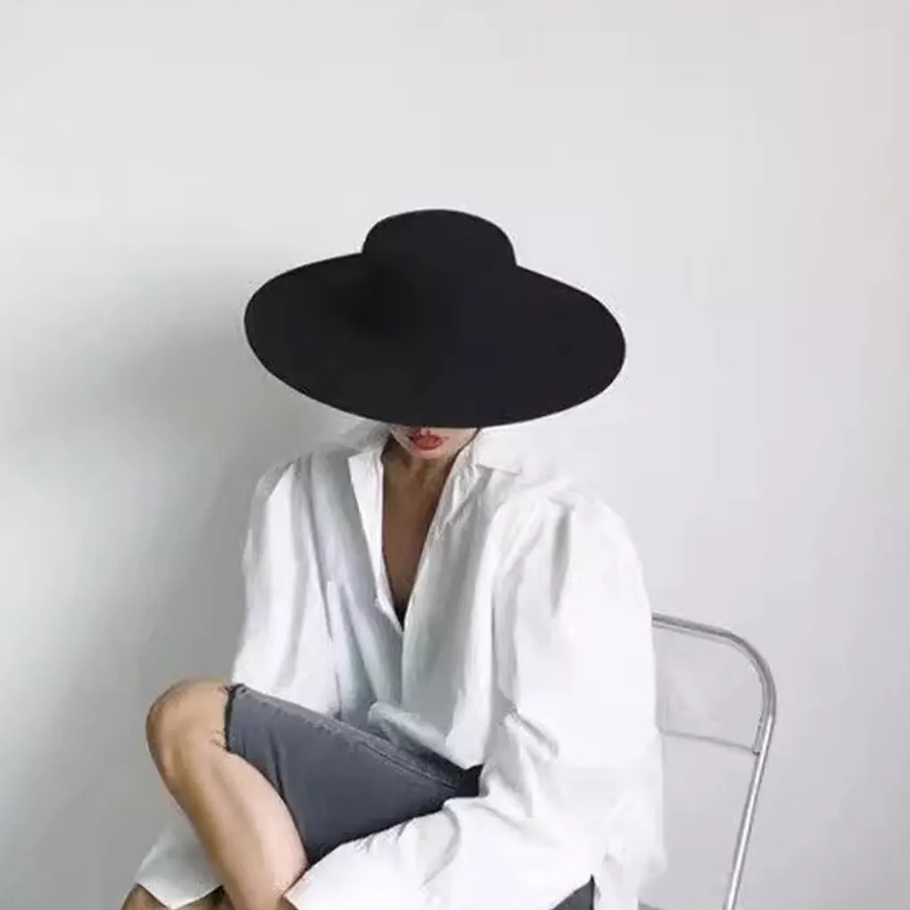 Womens Black Felt Hat Fashion Classic Blend Fedora Formal Top Hat Wide Brim Flat Church Derby Cap 250103