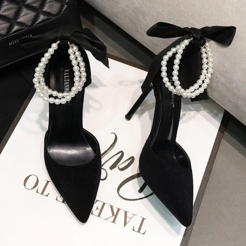 Black Womens Pumps 2024 Summer String Bead Pearls Wedding Bridal High Heels Sexy Pointed Toe Party Dance Shoes 250103