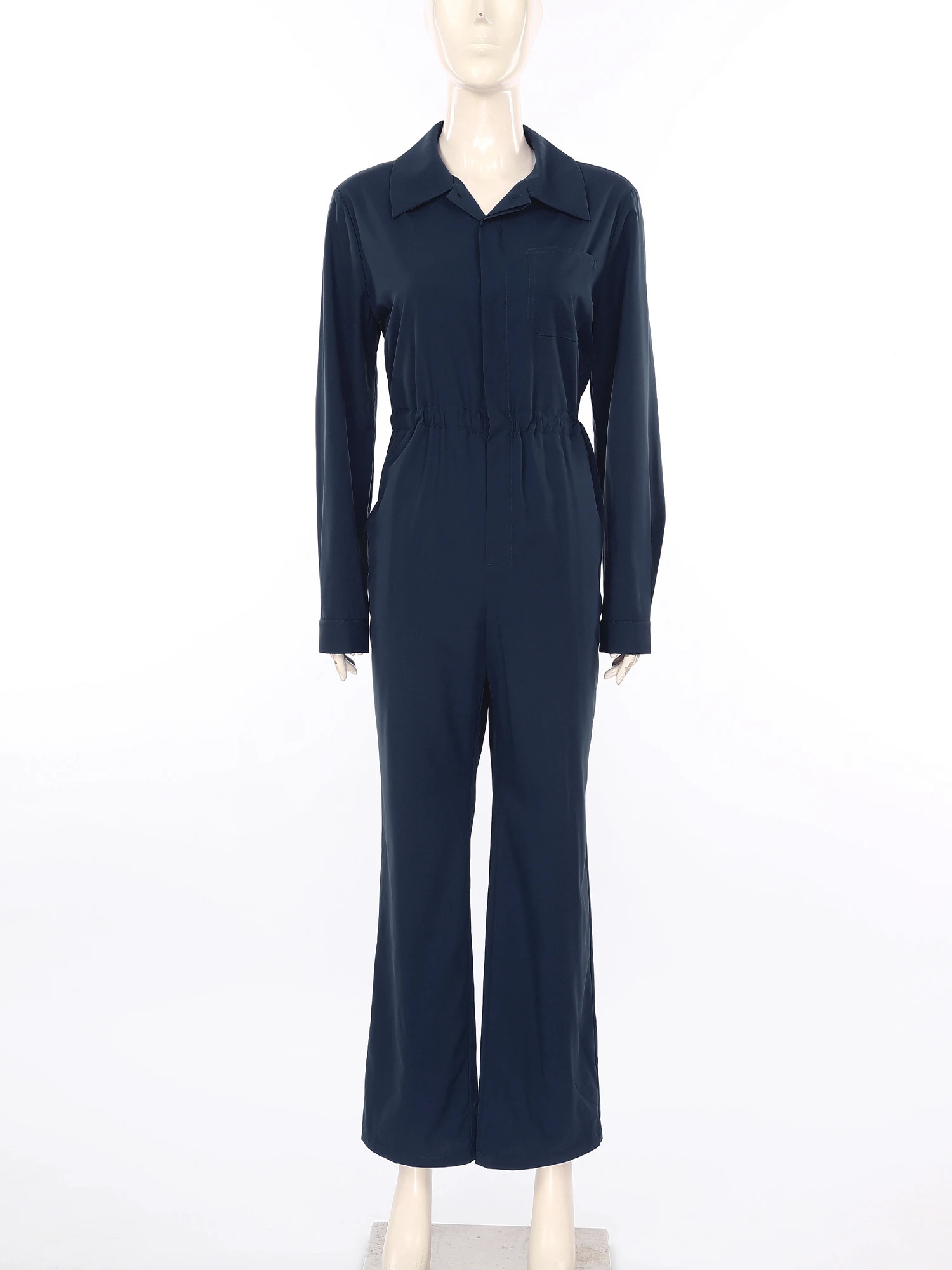 Womens Casual Button Flap Jumpsuit Coverall Long Sleeve Solid Color TurnDown Collar Romper Fashion Work Travel Holiday Homewear 250103