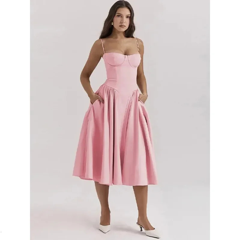 Women Sexy Solid Sling Midi Dress Fashion Sleeveless Backless Pleated Hem Dresses 2024 Summer Female Party Evening Aline Robes 250103