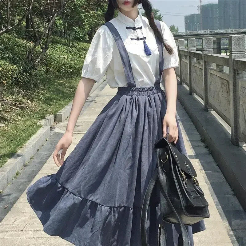 Sweet Women Skirt Preppy Style Strap Long Ruffles Loose Cute Student Casual Female Skirts 250106
