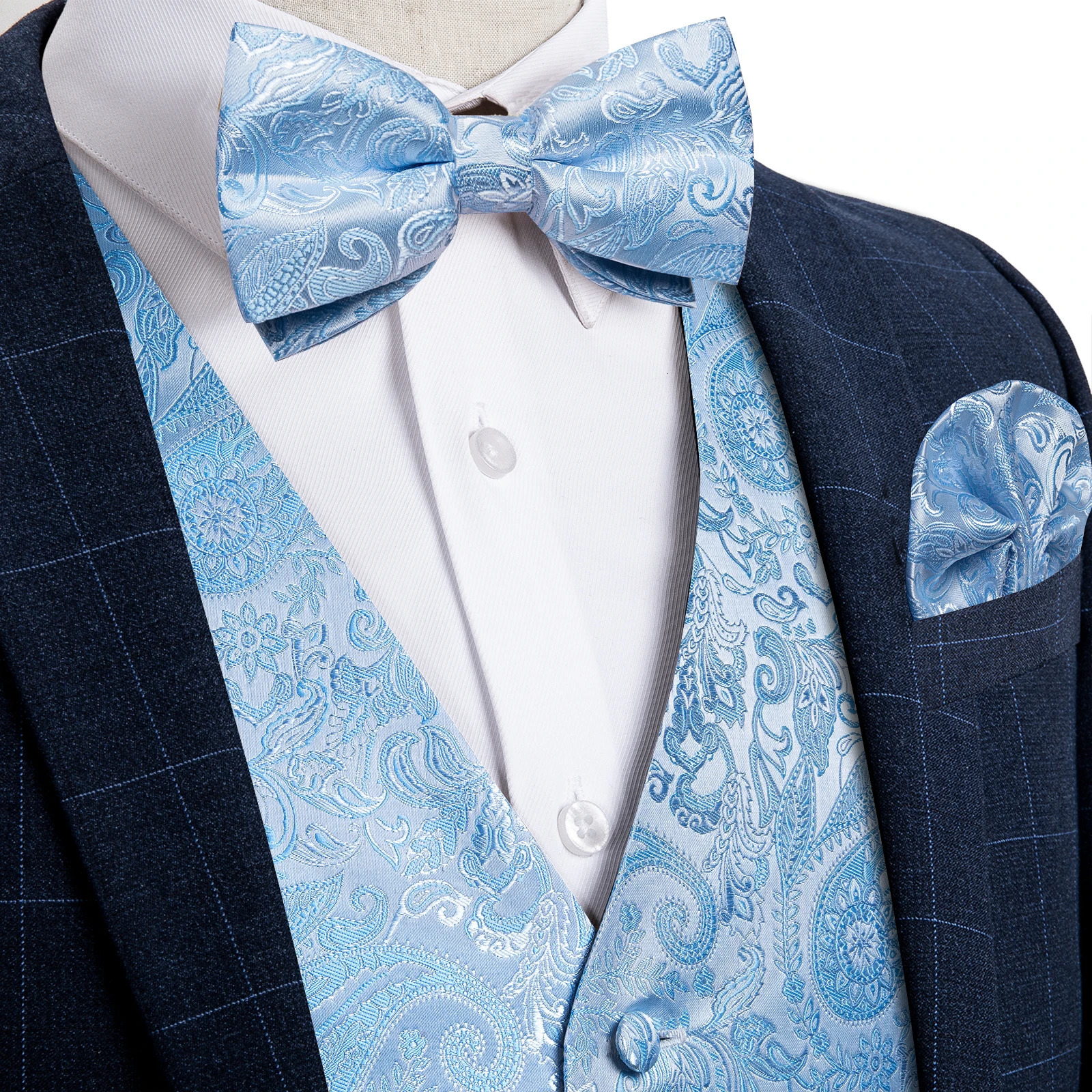 Suit Vest With Bow Tie Pocket Square Cufflinks Light Blue Black Red Paisley y Wedding Prom Tuxedo Waistcoat for Men 250107