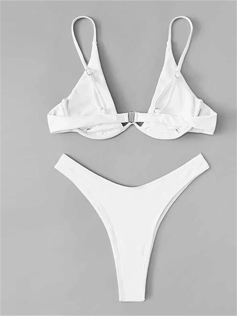 Sexy Underwire Bikini Mujer Women Solid Red Push Up Bra Thong Swimsuit Haler V Neck Bathing Suit Mini Micro Thong Swimwear 250106