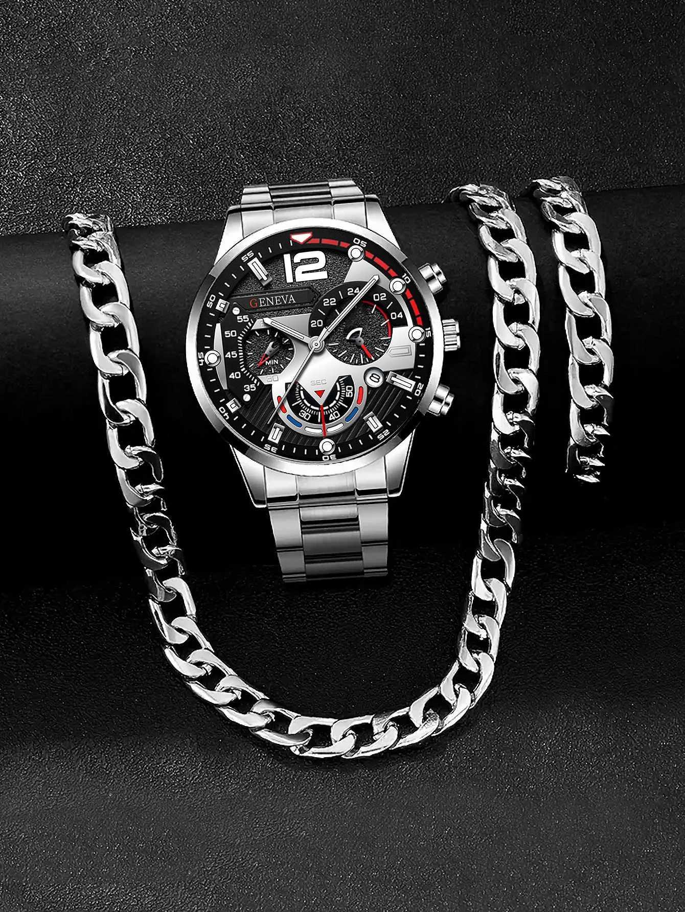 3pcs Business style Silver White Mechanical design mens alloy quartz watch with calendar and alloy Cuba necklace bracelet setX250107